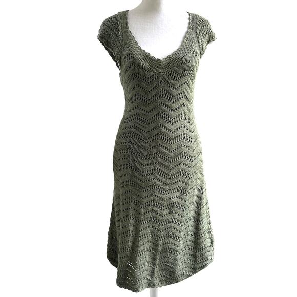 Athleta Sage Green Crochet Cotton Knit A-Line Cap Sleeve Dress Size Medium - Picture 1 of 6